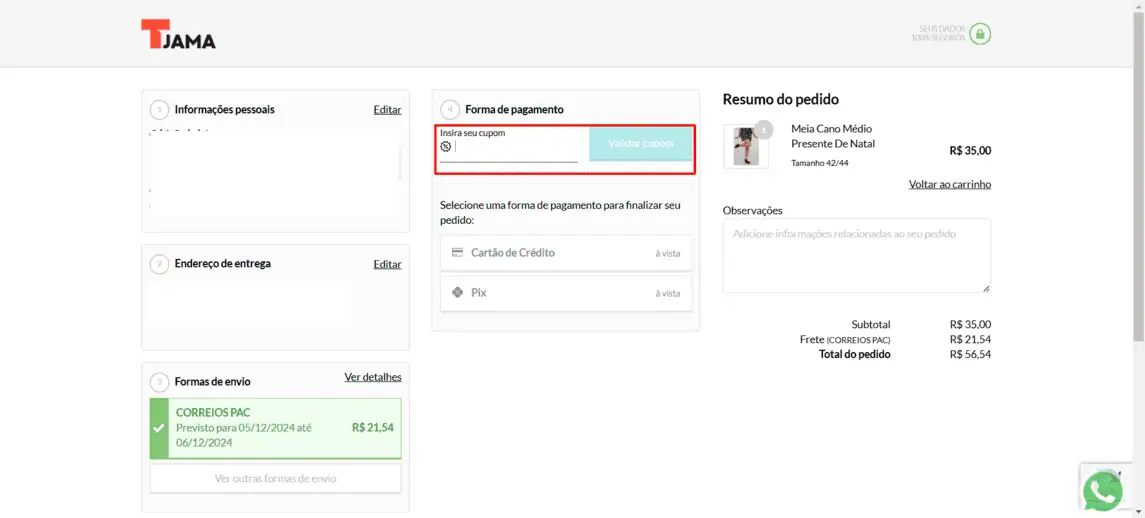 Onde inserir cupom de desconto Tjama