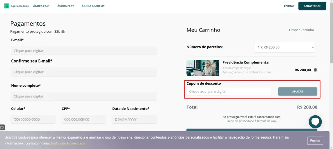 Onde inserir cupom de desconto Agora