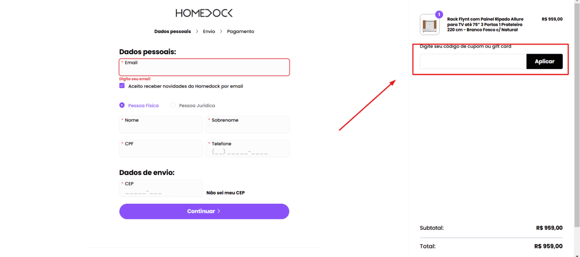 Onde inserir cupom de desconto Homedock