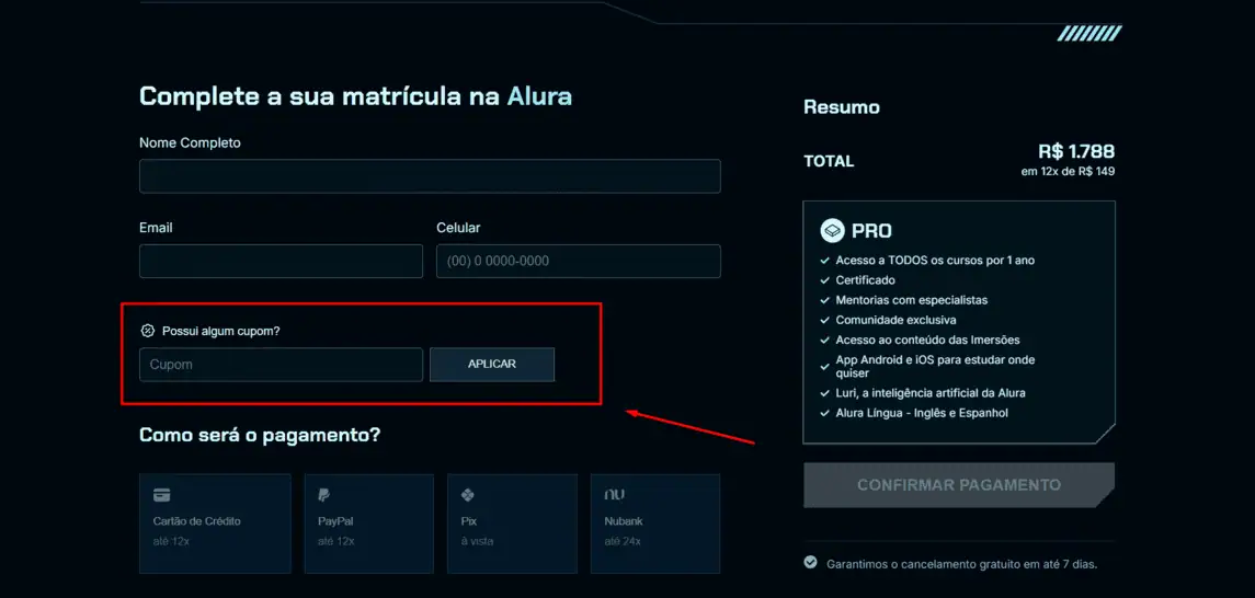 Onde inserir cupom de desconto Alura