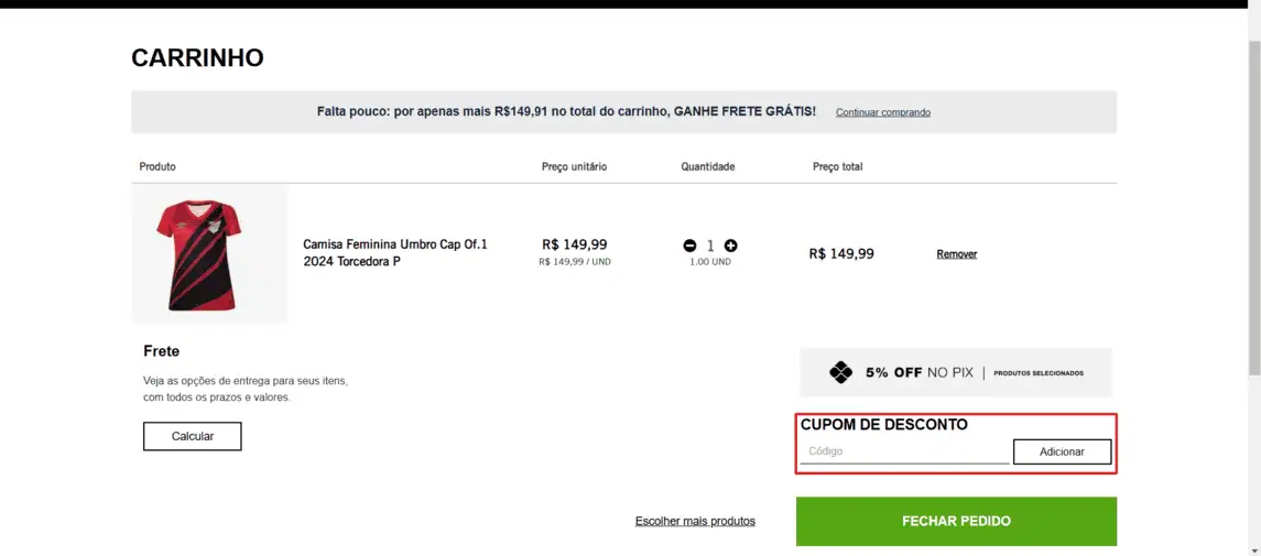 Onde inserir cupom de desconto Umbro