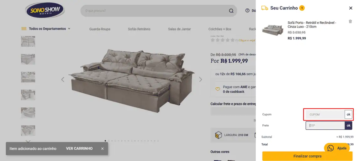 Onde inserir cupom de desconto Sono Show Móveis