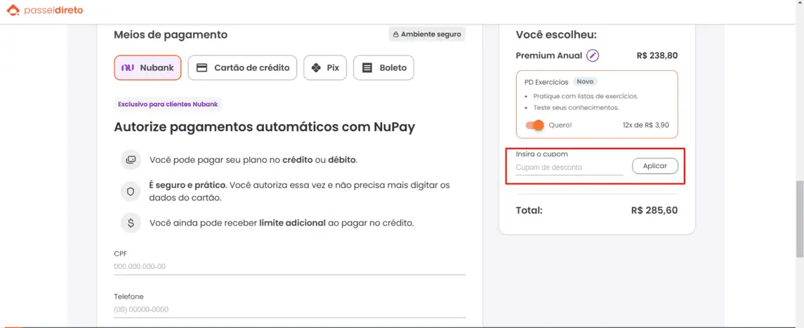 Onde inserir cupom de desconto A Casa do Concurseiro