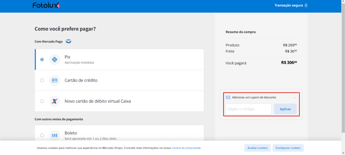 Onde inserir cupom de desconto Fotolux