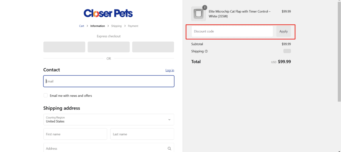 Onde inserir cupom de desconto Closer Pets