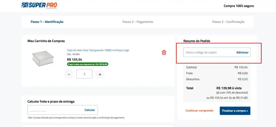 Onde inserir cupom de desconto Super Pro Atacado