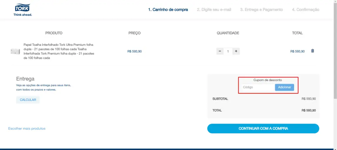 Onde inserir cupom de desconto Tork