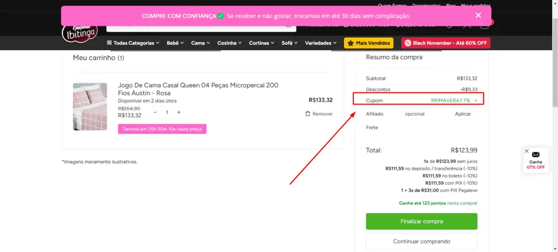 Onde inserir cupom de desconto Enxovais Ibitinga