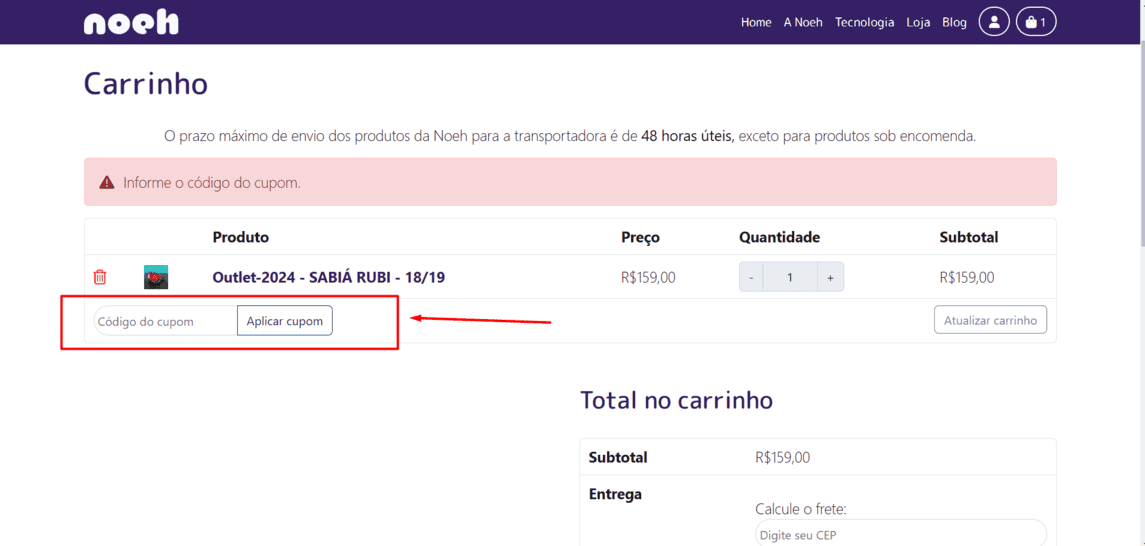 Onde inserir cupom de desconto Noeh