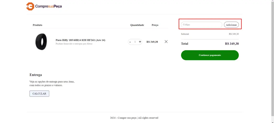 Onde inserir cupom de desconto Compre sua peça