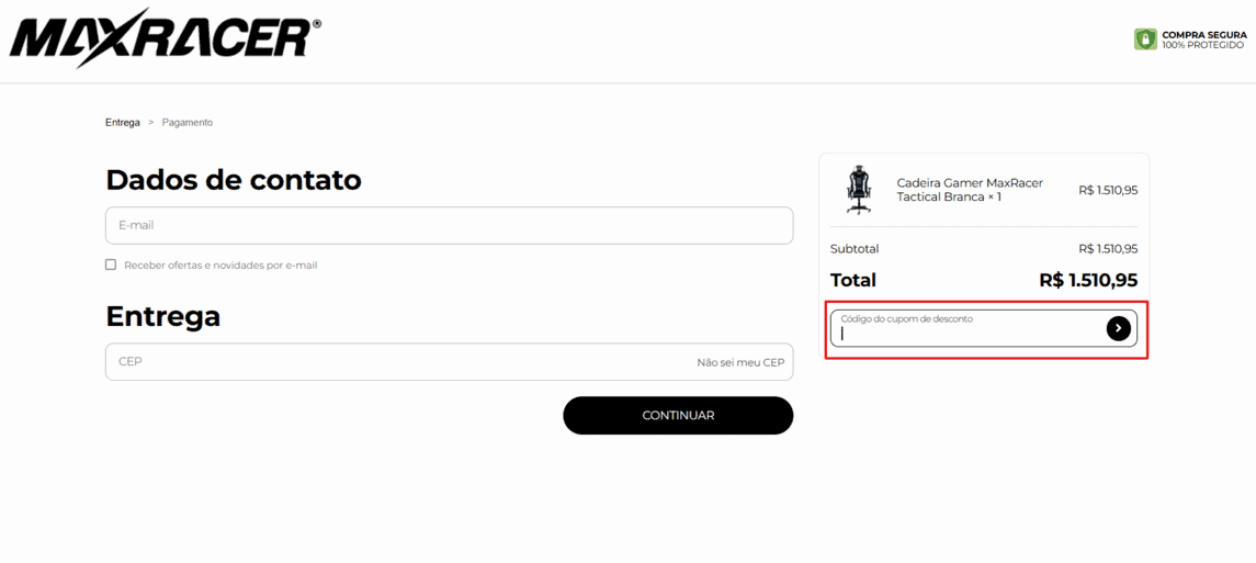 Onde inserir cupom de desconto MAXRACER