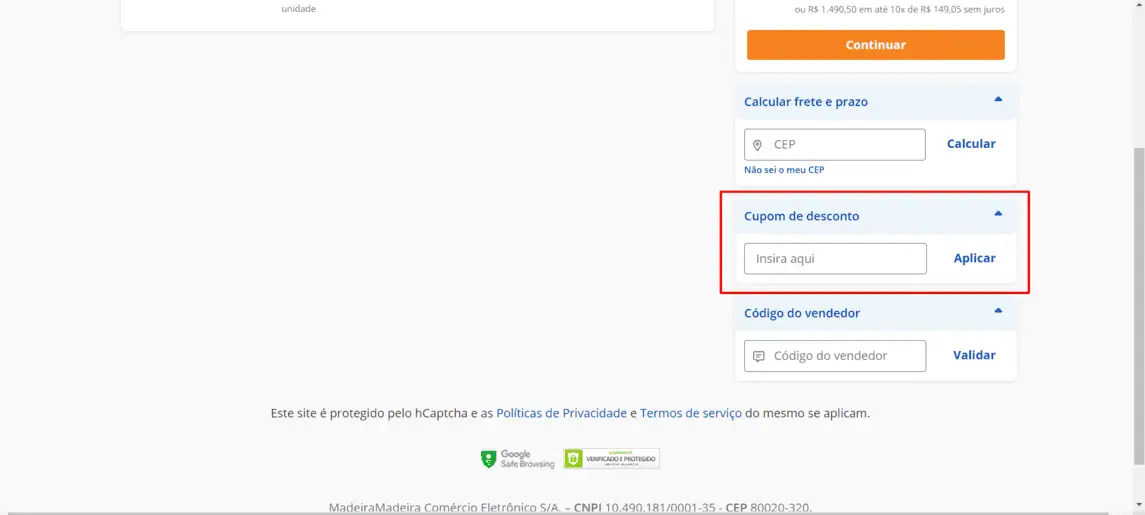 Onde inserir cupom de desconto MadeiraMadeira