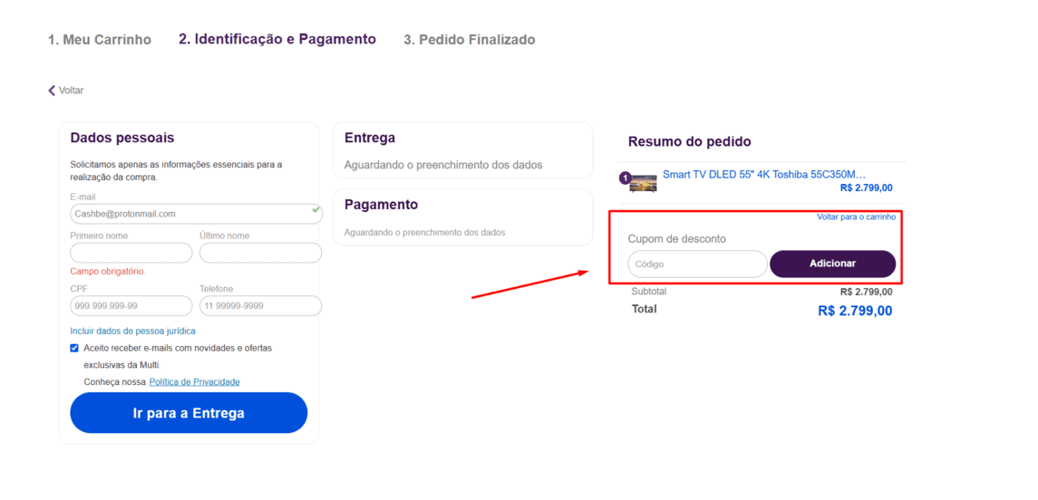 Onde inserir cupom de desconto Multilaser