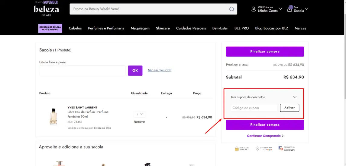 Onde inserir cupom de desconto Beleza na Web
