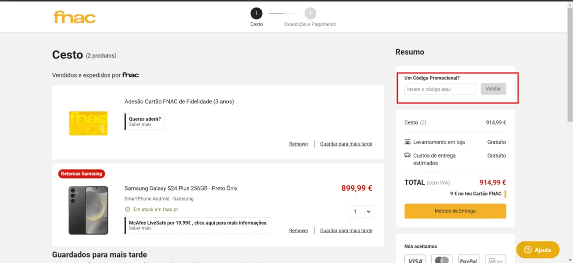 Onde inserir cupom de desconto Fnac