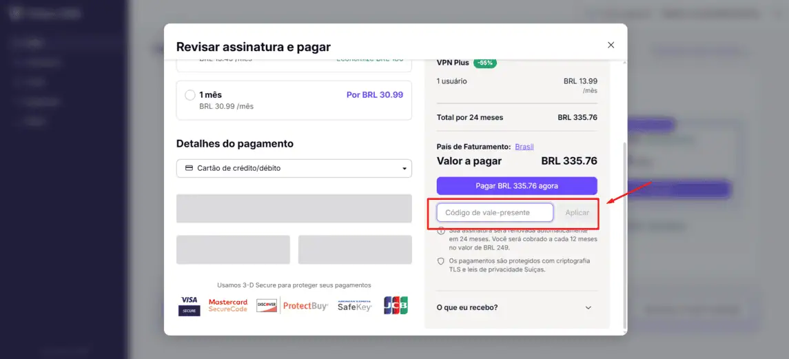 Onde inserir cupom de desconto ProtonVPN