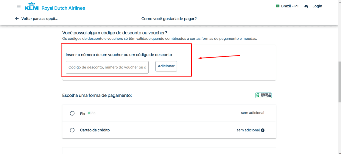 Onde inserir cupom de desconto KLM