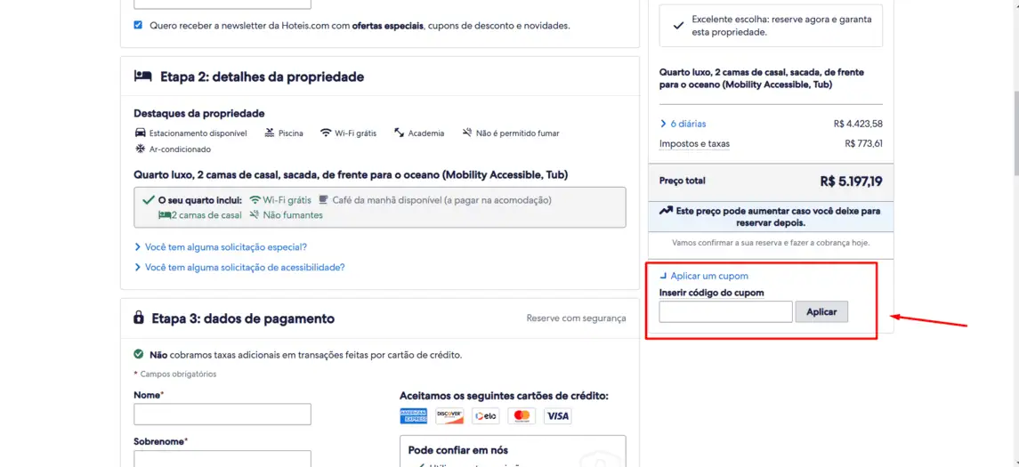 Onde inserir cupom de desconto Hotels