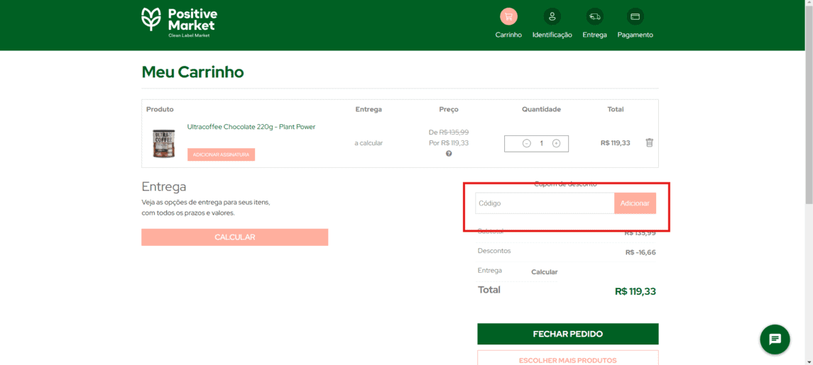 Onde inserir cupom de desconto Positive Market