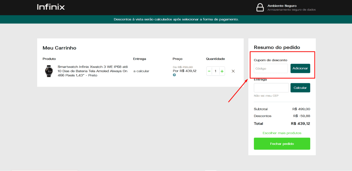 Onde inserir cupom de desconto Infinix