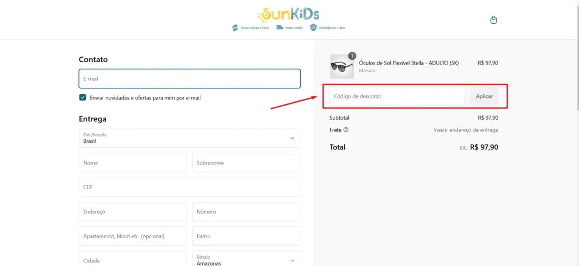 Onde inserir cupom de desconto Sun Kids