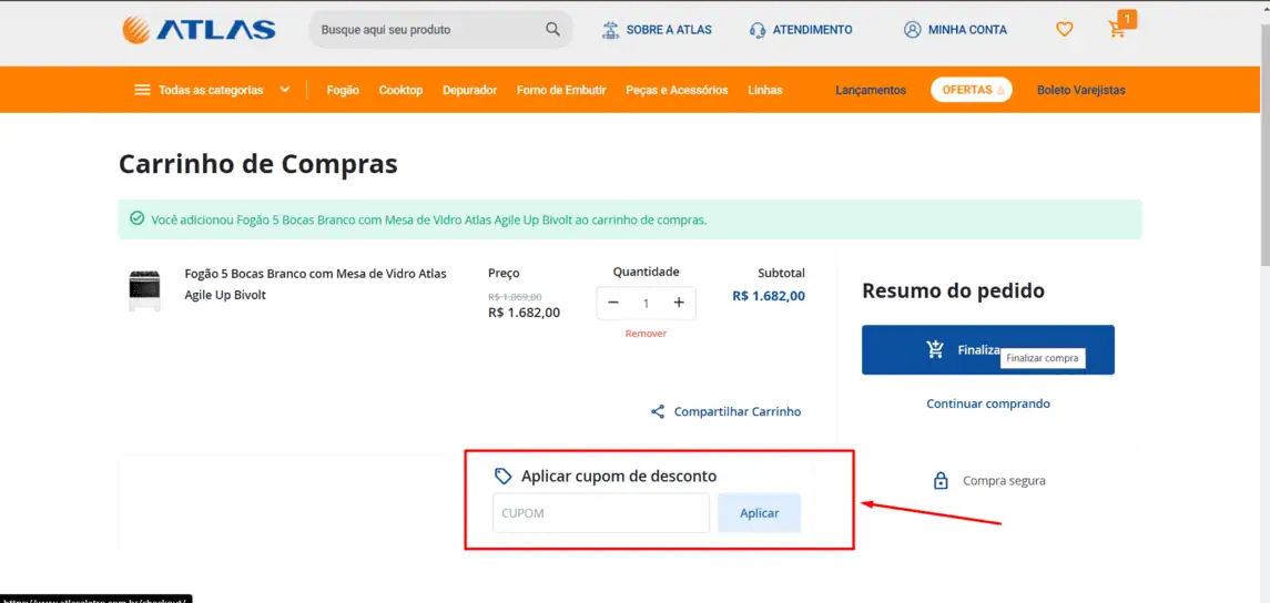 Onde inserir cupom de desconto Atlas