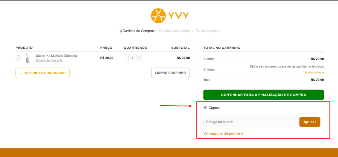 Onde inserir cupom de desconto YVY