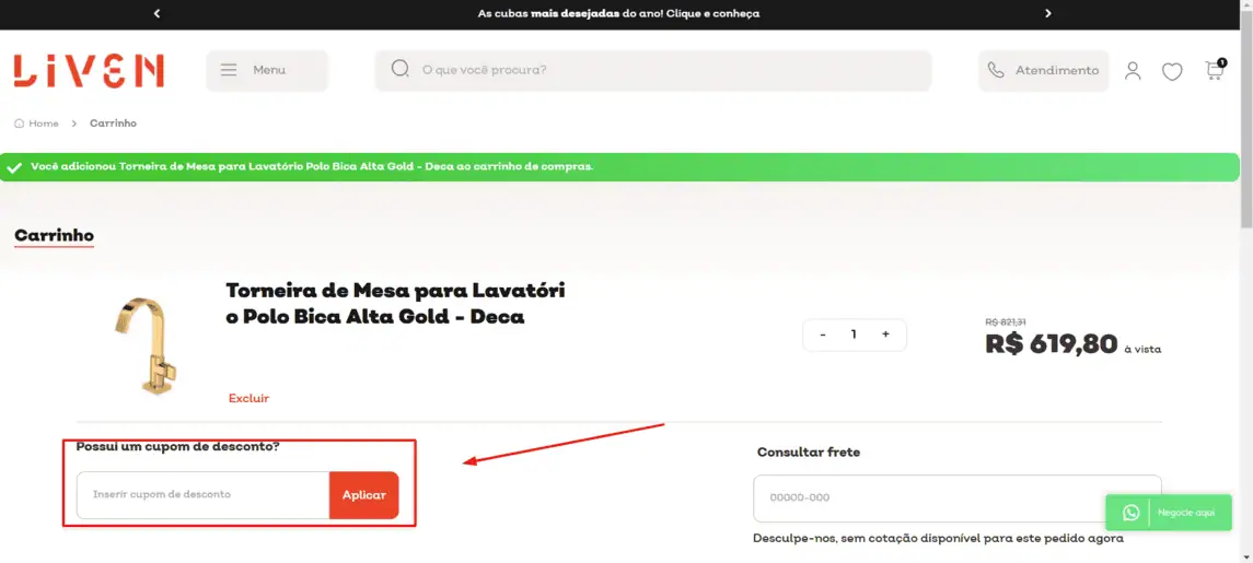 Onde inserir cupom de desconto Liven Casa