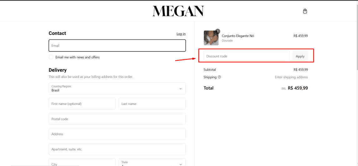 Onde inserir cupom de desconto Megan Joias