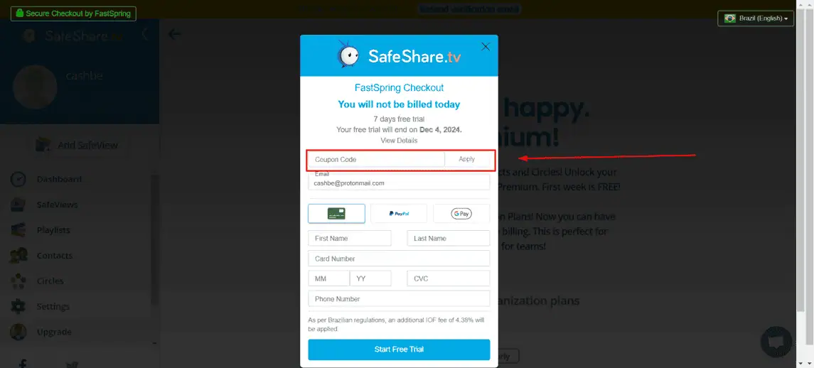 Onde inserir cupom de desconto SafeShare