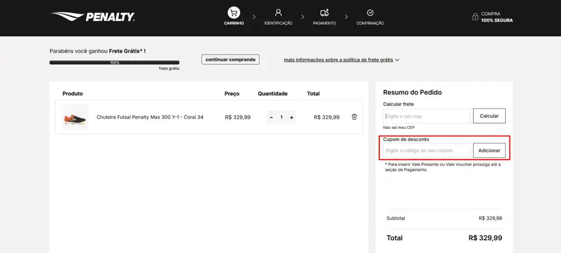 Onde inserir cupom de desconto Penalty