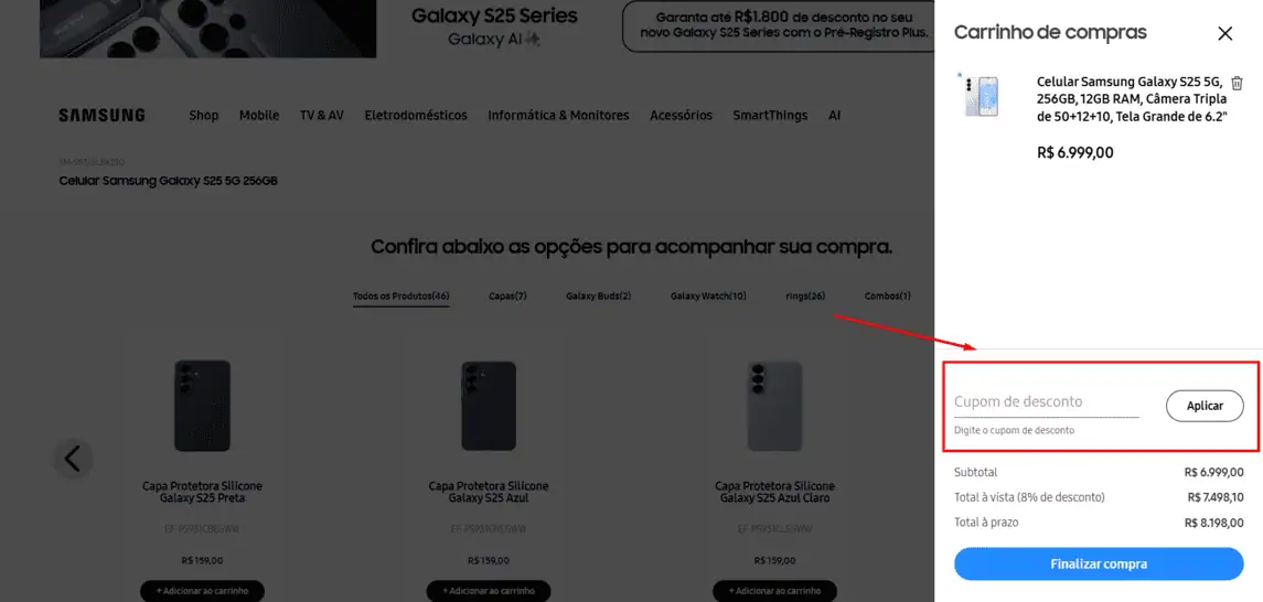 Onde inserir cupom de desconto Samsung