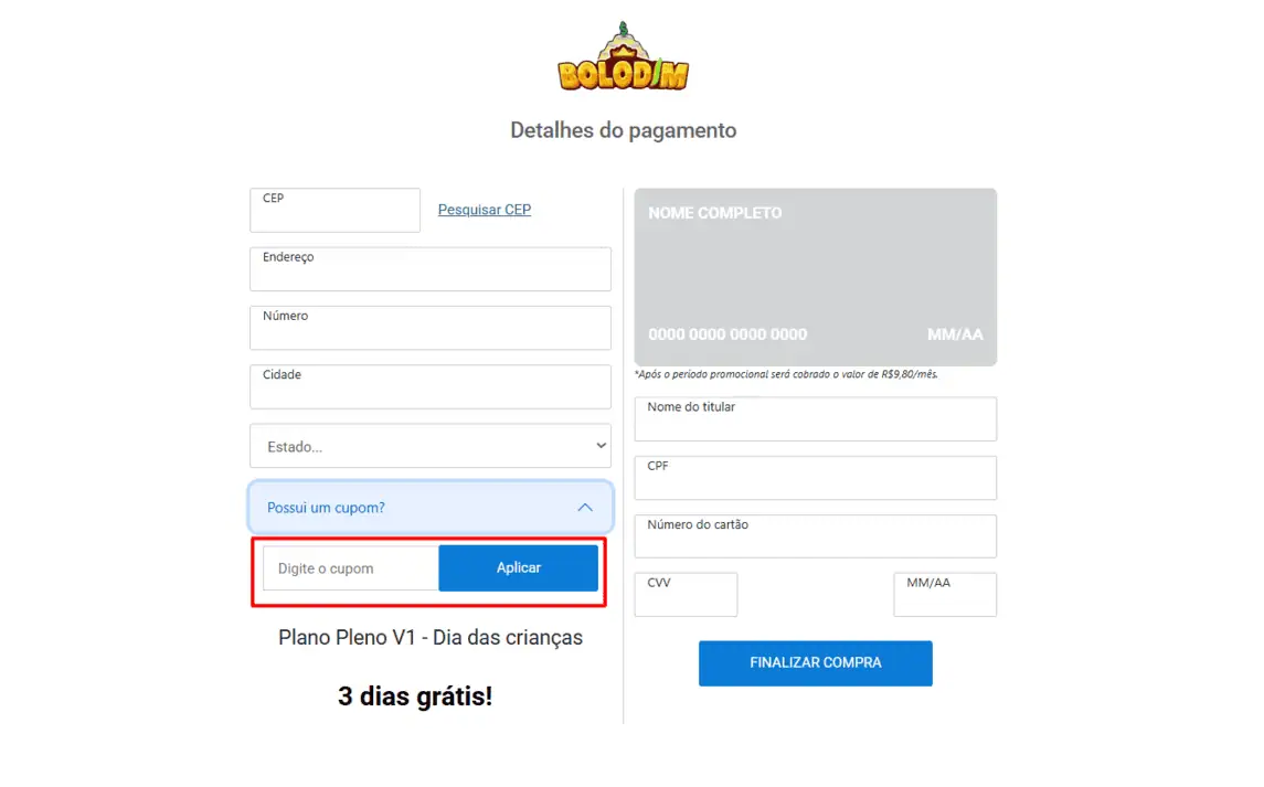 Onde inserir cupom de desconto Bolodim