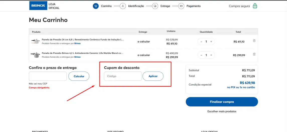 Onde inserir cupom de desconto Brinox Shop