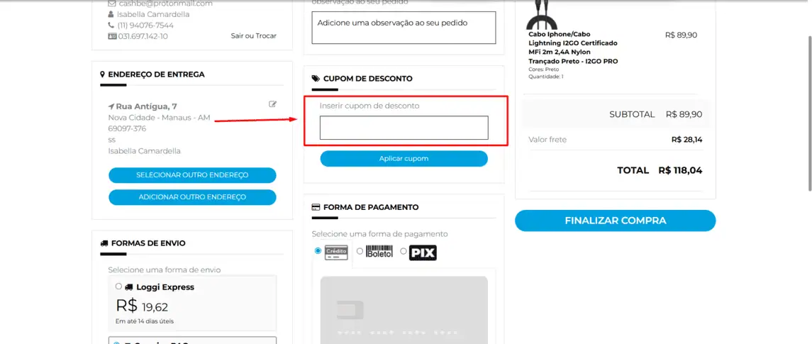 Onde inserir cupom de desconto I2GO