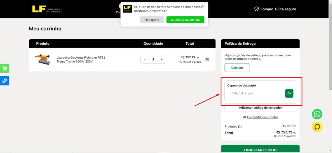 Onde inserir cupom de desconto LF Maquinas e Ferramentas
