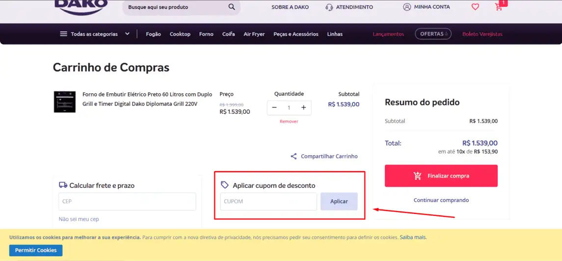 Onde inserir cupom de desconto Dako