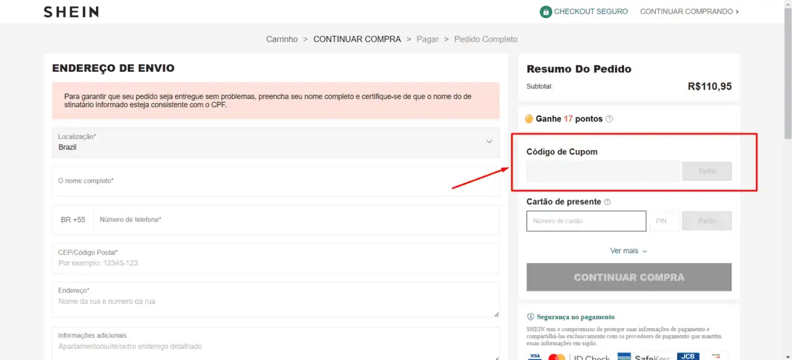 Onde inserir cupom de desconto SheIn