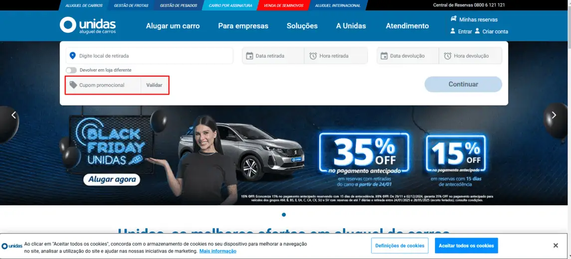 Onde inserir cupom de desconto Unidas