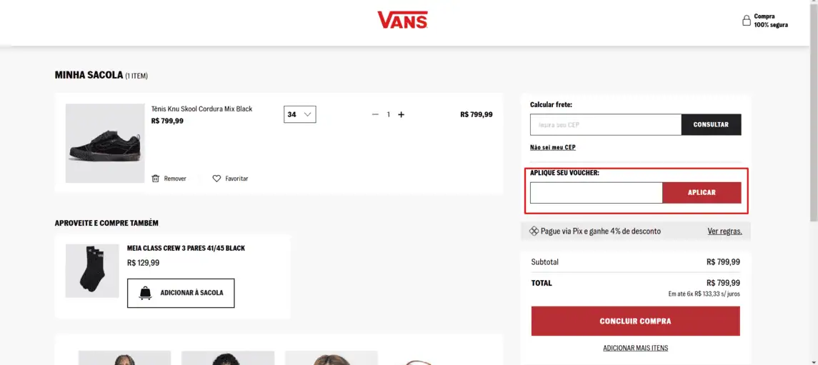 Onde inserir cupom de desconto Vans