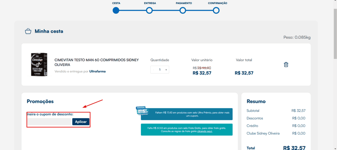 Onde inserir cupom de desconto Ultrafarma
