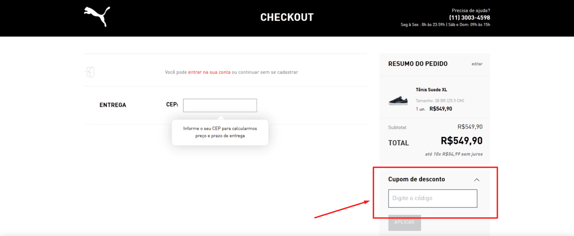 Onde inserir cupom de desconto Puma