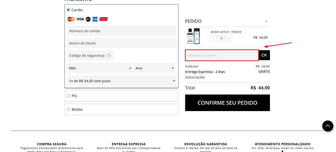 Onde inserir cupom de desconto Principia Skin
