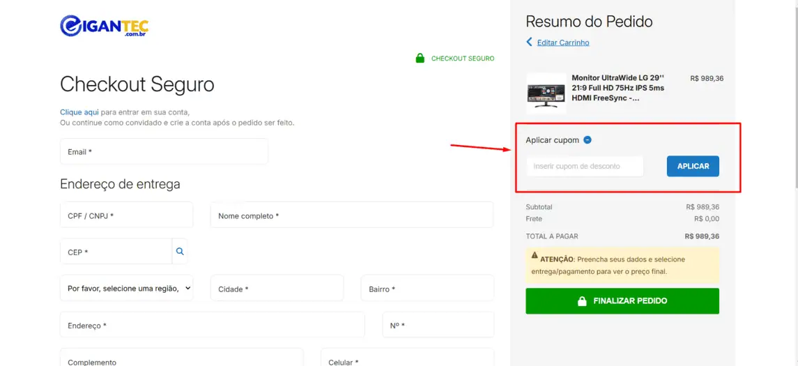 Onde inserir cupom de desconto Gigantec
