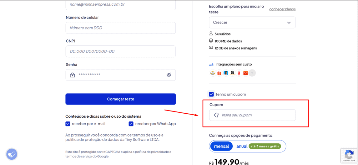 Onde inserir cupom de desconto Tiny
