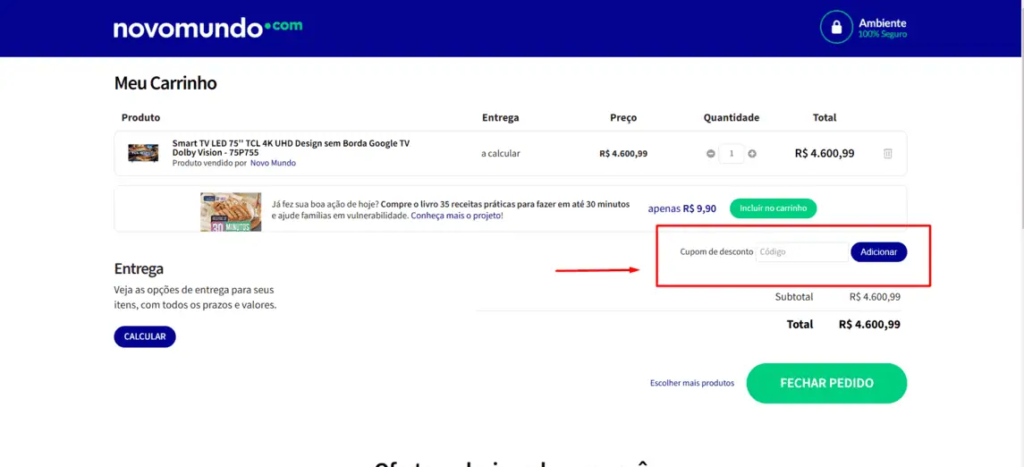 Onde inserir cupom de desconto Novo Mundo