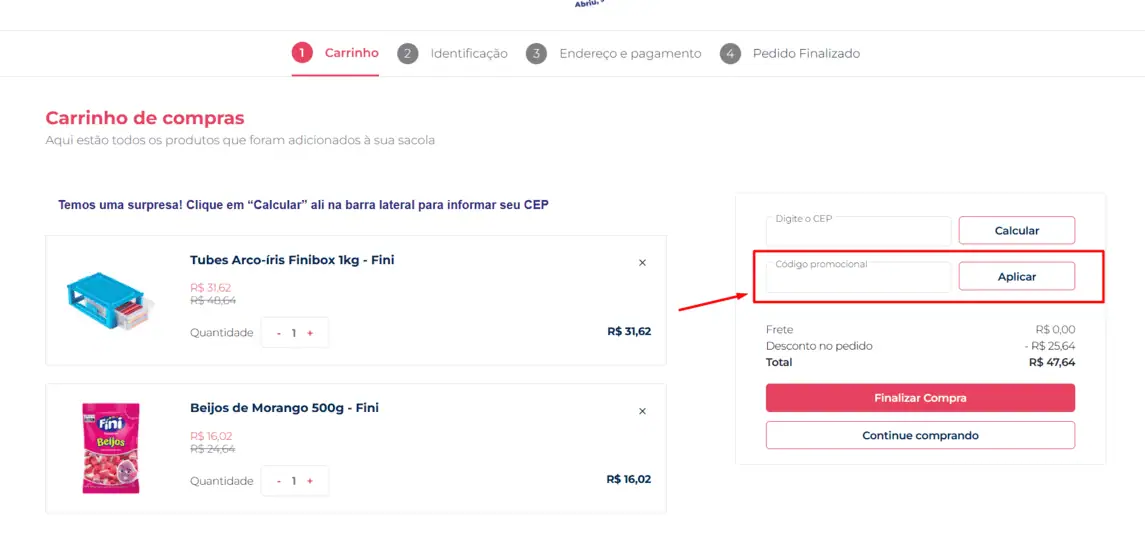 Onde inserir cupom de desconto Fini
