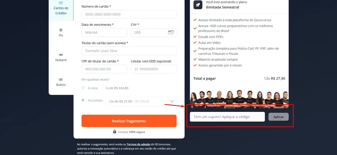 Onde inserir cupom de desconto QConcursos
