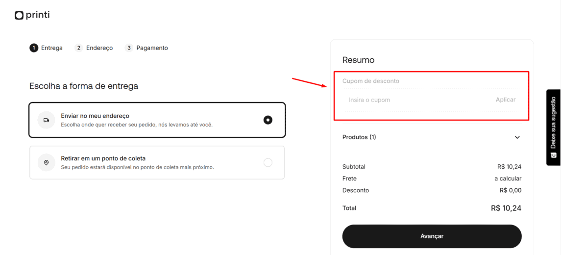 Onde inserir cupom de desconto Printi