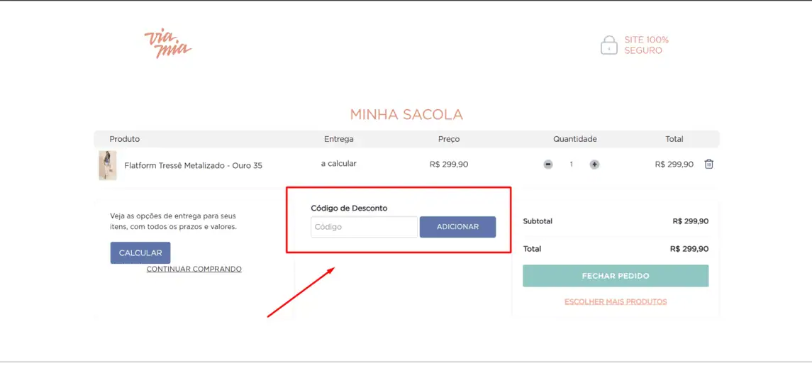 Onde inserir cupom de desconto Via Mia